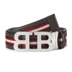 Bally Mirror BB Stripe Leather Textile Belt For Men